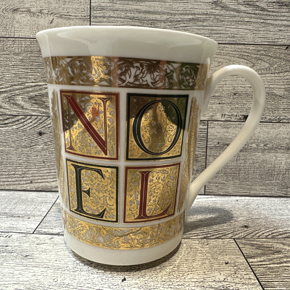 PAPEL FREELANCE 1995 Gold & White Noel Coffee Mug‎ 3x4" Bone China Thailand
